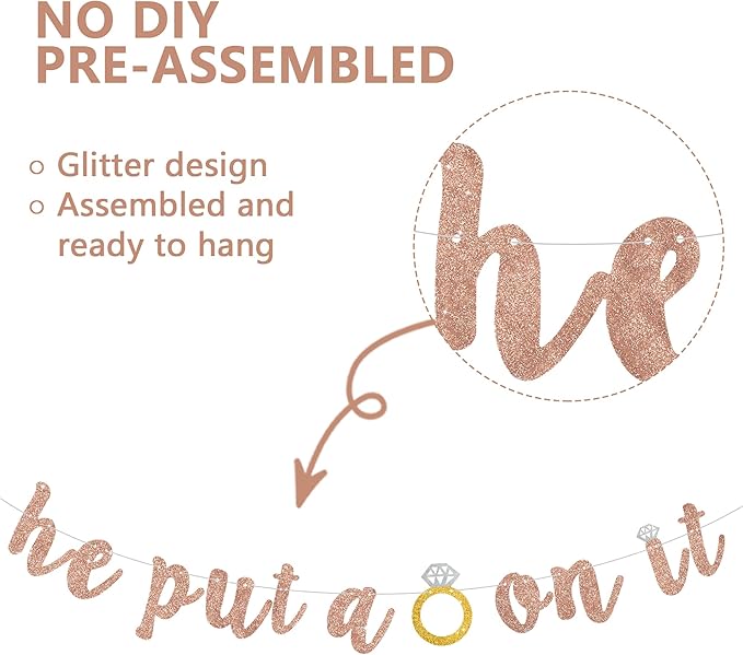 Glitter Rose Gold He Put A Ring On It Banner Pre-Strung Engagement Decorations Bridal Wedding Party Backdrop Sign Garland Bachelorette Party Supplies,NO DIY