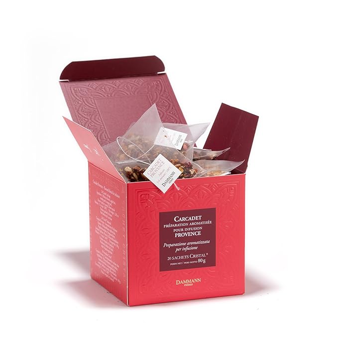 Dammann Freres Satchets, Carcadet Provence Tea Bags, Premium Gourmet French Herbal Tea, Blend Hibiscus, Apricot, Peach Flavors, 20 Count (Single Pack)