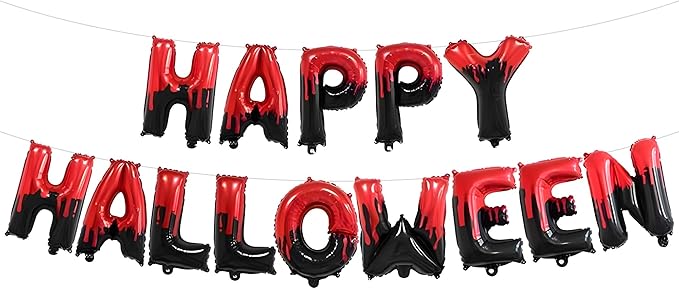 KatchOn, Happy Halloween Banner Balloons - 16 Inch | Red and BLack Foil Letters | Spooky Balloon Banner for Halloween Decorations indoor, Outdoor | Haunted House Decorations