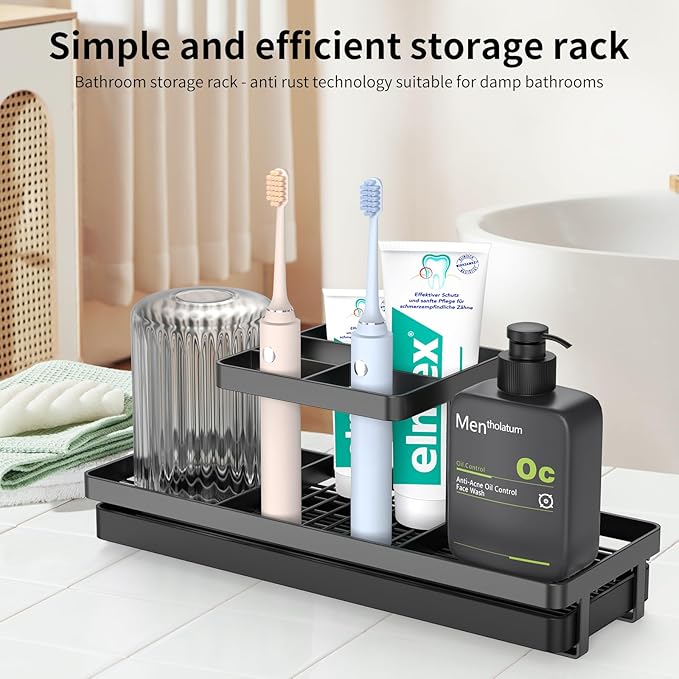 Toothbrush Holders for Bathrooms, 5 Slots Carbon Steel Tooth Brushing Holder Electric Toothbrush and Toothpaste Organizer Bathroom Accessories for Countertop, Shower, Black