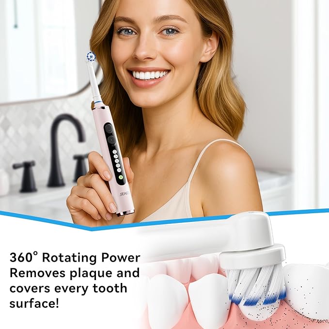 SEAGO Soft Round Electric Toothbrushes with 8 Spin Brush Heads, 5 Cleaning Modes, Rechargeable Sonic Toothbrush with Timer and Travel Case for Adults and Kids(SG-2607-Pink