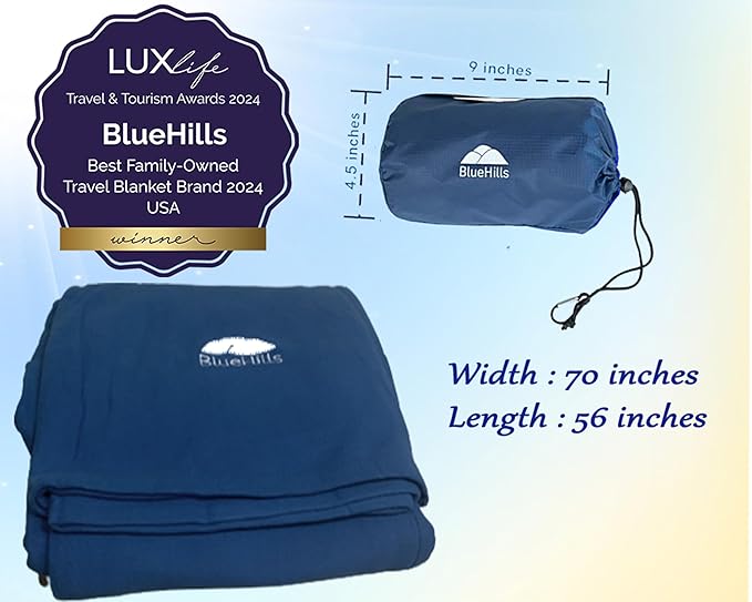 BlueHills Ultra Compact Travel Blanket Pillow in Portable Bag Case with Hand Luggage Belt & Backpack Clip Premium Cozy Soft Compact Pack Large Blanket for Airplane Flight Layover - Navy Blue C001