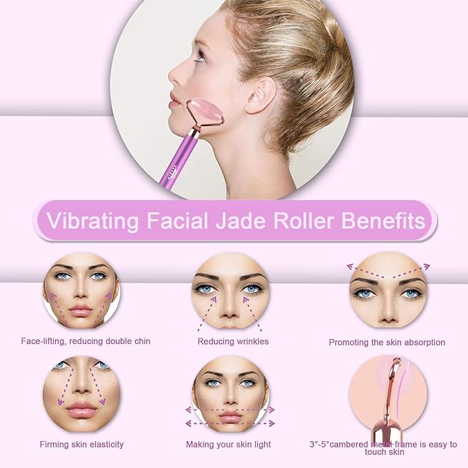 Upgrade 2 in 1 Vibrating Face Roller, Electric Jade Roller Facial Massager Roller for Wrinkles, Flaws, Eyepuffiness and Glowing Youthful Skin