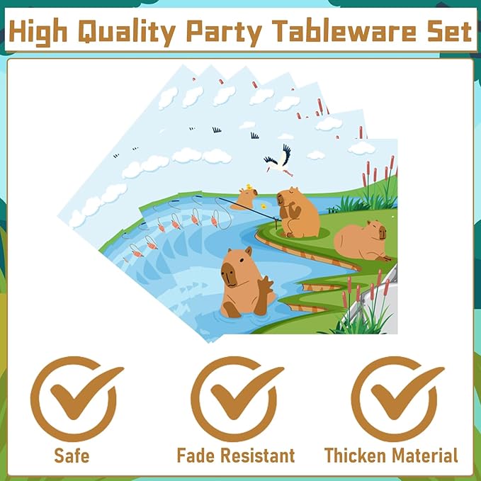 Rakuto Capybara Birthday Party Decorations, 96PCS Disposable Capybara Plates and Napkins Forks, Cute Animals Themed Dinnerware Set Tableware Supplies Serve 24