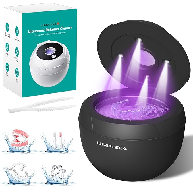 Ultrasonic Retainer Cleaner-45kHz Retainer Cleaner Machine,4 Modes Ultrasonic Cleaner for Dentures, Aligners,Mouth Guards, Braces,Toothbrush,Jewelry-200ML Dental Pod(Black)