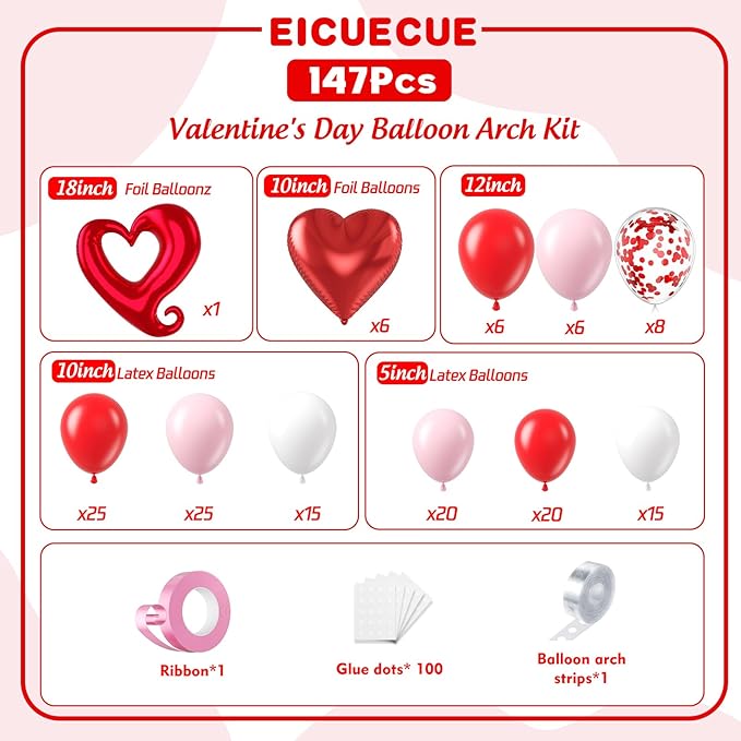 Valentines Day Balloons Garland Arch Kit - 147Pcs Different Size Red Pink White and Confetti Balloons with Heart Foil Balloon for Valentine's Day Galentine's Day Anniversary Party Decorations