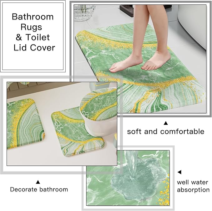 25PCS Bathroom Accessory Set, Green Bathroom Set with Large-Capacity 4 Gallon Trash Can,Bathroom Rugs Set, Waterproof Shower Curtain, Toilet Brush, Toothbrush Holder & Soap Dispenser
