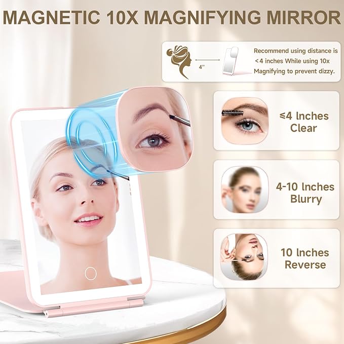 LED Foldable Travel Makeup Mirror - 5x6 inches3 Colors Light Modes USB Rechargeable Touch Screen, Portable Tabletop Cosmetic Mirror for Travel, Cosmetic, Office (Pink)