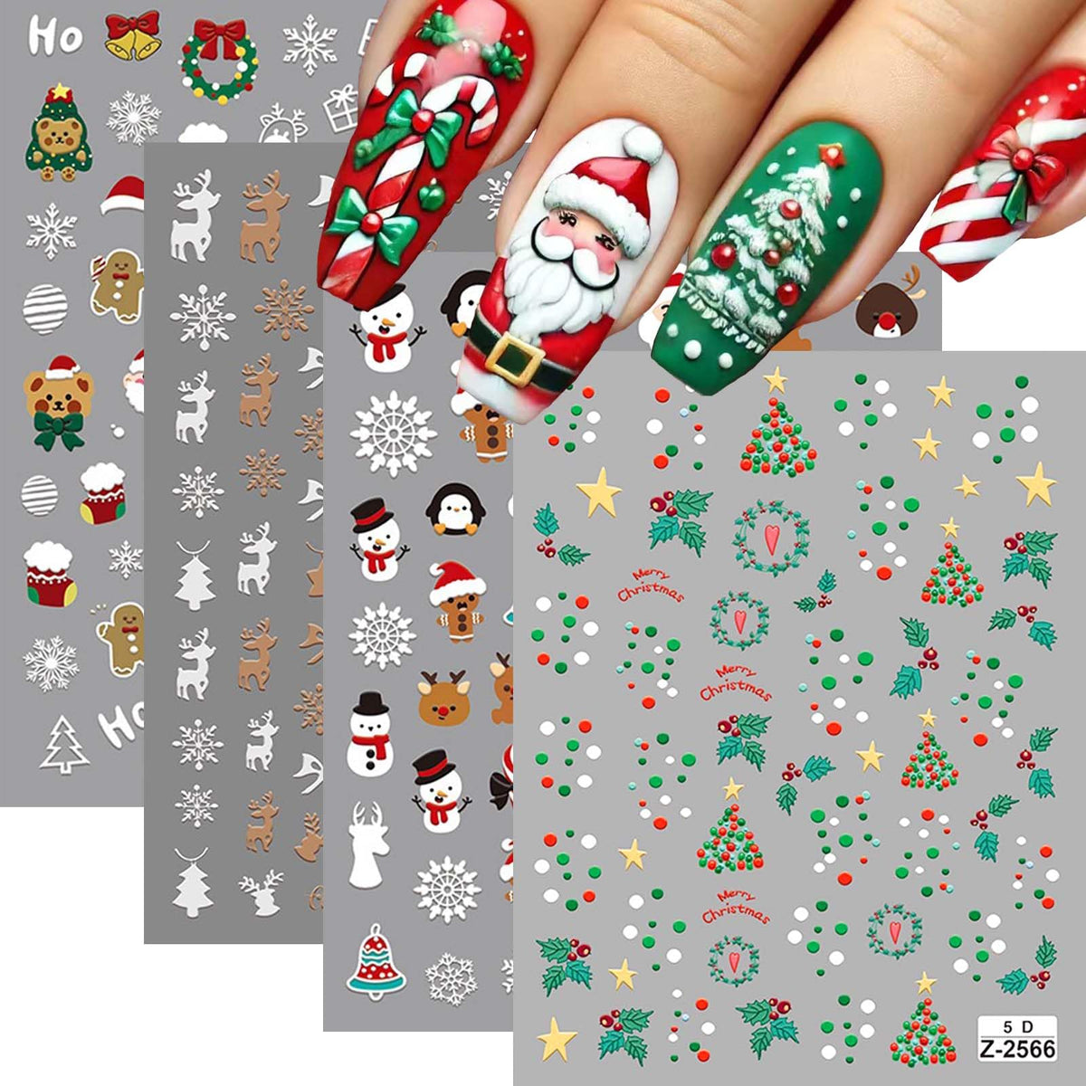 4 Sheet Christmas Nail Art Stickers Xmas Nail Decals 5D Self-Adhesive Winter Nail Sticker Snowflakes Christmas Tree Elk Gingerbread Man Snowman Design for Women Holiday Manicure Decoration