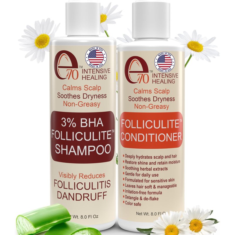 Folliculitis Treatment Shampoo and Conditioner with 3% BHA, Salicylic Acid, Aloe Vera & Tea Tree Oil - Anti Itch Shampoo for women & men with Flaky Scalp Treatment Acne, Made in USA by e70, 8 fl oz
