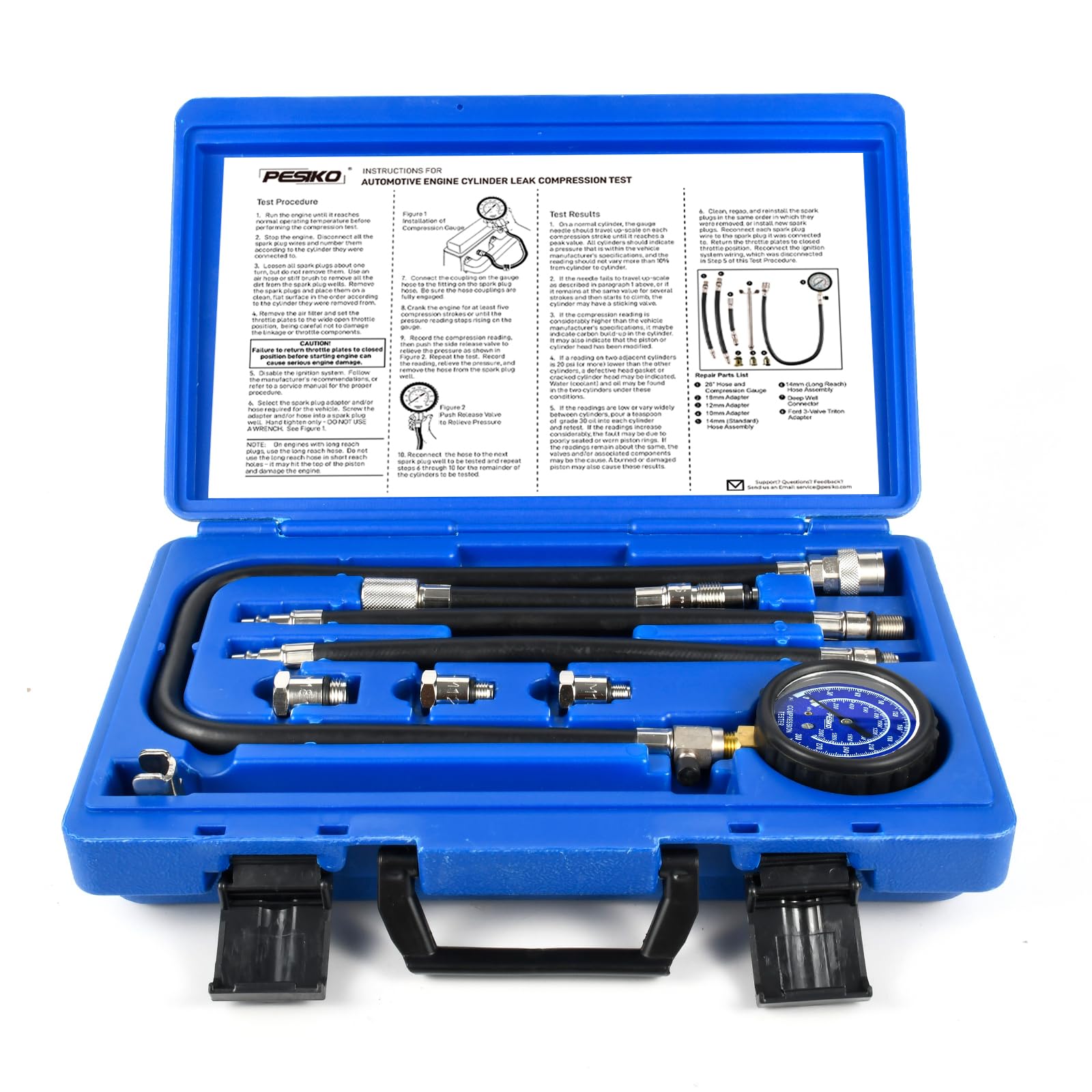 PESIKO Engine Compression Tester Kit | 0-300 psi/20.7 Bar | Cylinder Compression Gauge, Multi-Size Spark Plug Adapters for Gasol