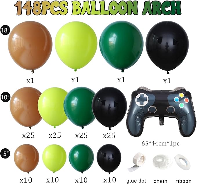 Video Game Theme Birthday Party Decorations,Green and Brown Balloon Garland Arch Kit,Green and Black Balloons with Game Controller Foil Balloon for Pixel Game Party Birthday Baby Shower Backdrop