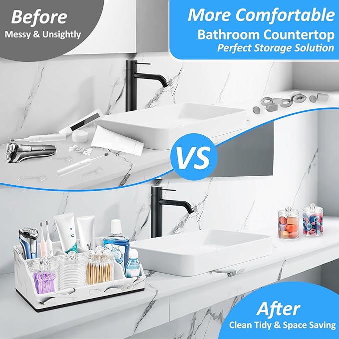 Bathroom Organizer Countertop, White Marble Toothbrush Holders for Bathrooms with 3PCS Qtip Holder Dispenser, Toothbrush and Toothpaste Holder for Bathroom Counter Organization Storage Vanity
