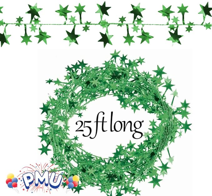 PMU 150 Ft Star Wire Shiny Garland Green - Halloween, Christmas Party, Wedding, Birthday, Festive Home Decoration Ornament Green (6pc-25Ft Each)