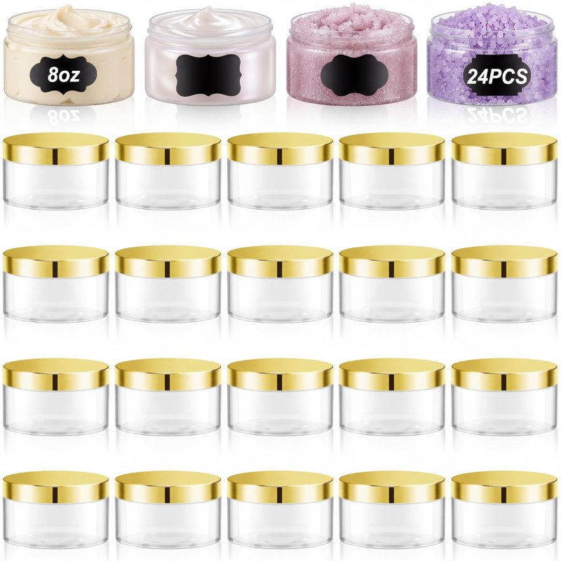 Dandat 24 Pcs 8 oz Plastic Jar Container with Gold Lid and Label Refillable Empty Round Clear PET Cosmetic Sample Slime Containers for Lotion, Cream, Ointments, Body Butter, Makeup Travel Storage