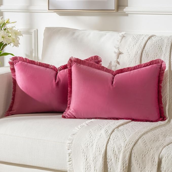 FUTEI Hot Pink Velvet Decorative Throw Pillow Covers 12x20 Set of 2,Soft Cozy Edge with Tassels Lumbar Pillow Cases,Boho Modern Home Decor for Couch Bed Living Room
