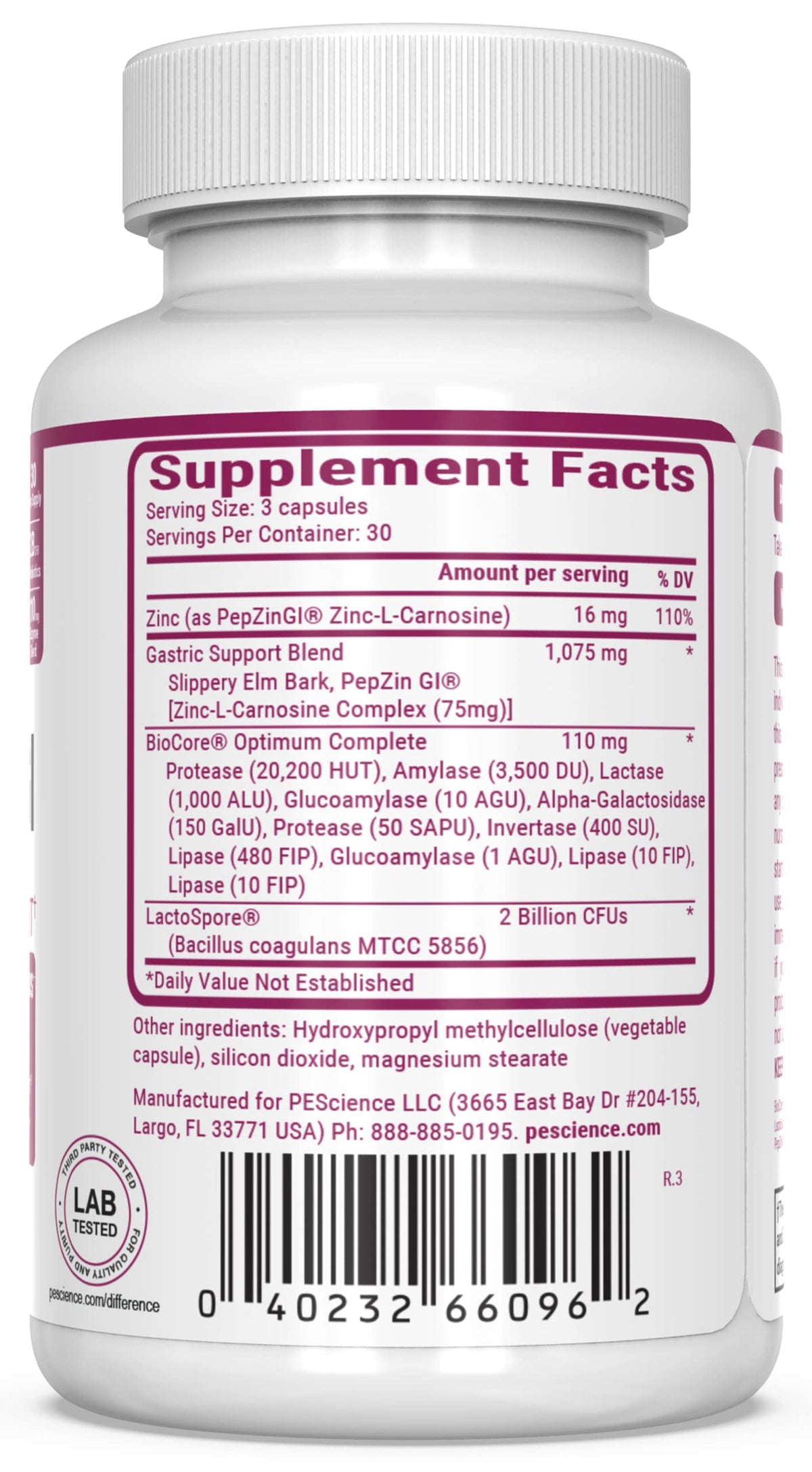 PEScience Symbiont-GI Gut Health Capsules with Zinc Carnosine Pepzin GI, Shelf Stable Probiotic, Digestive Enzymes, Slippery Elm Bark, 30 Day Supply, 90 Capsules