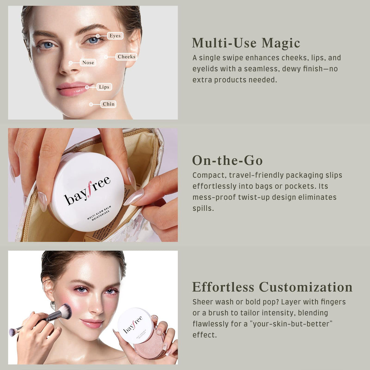 bayfree Multi Glow Balm Set, Cream Blush with Double-ended Brush, Radiant Finish, Hydrating, Creamy, Radiant Finish, Lightweight & Blendable Color, Face Balm