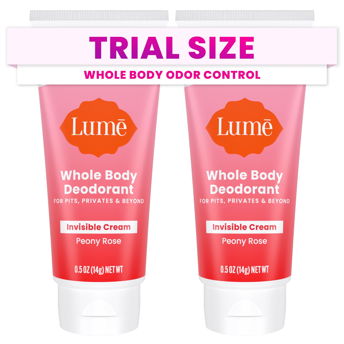 Lume Whole Body Deodorant - Mini Travel Size Invisible Cream Tube - Trial Size -72 Hour Odor Control - Doctor Developed - Aluminum Free, Baking Soda Free - .5oz (Pack of 2) (Peony Rose)
