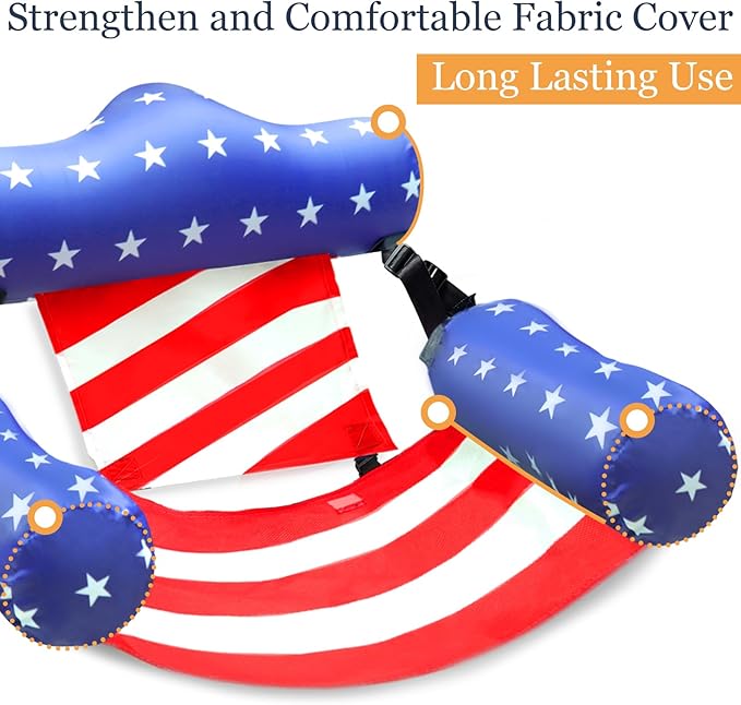 2 Pack 4th of July Inflatable Pool Floats Chair, 250th Anniversary American Flag Adjustable Pool Chair Lounger for Adults Heavy Duty, Blow Up Floating Swimming Water Chairs for Party Summer Lake Fun