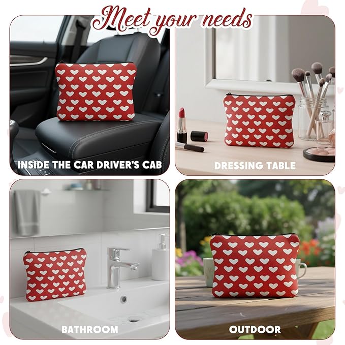 GRITOSE Valentine's Day Small Bag Red with Hearts designs Cosmetic Pouch with Zipper for Women Girls Romantic Valentines Gift Full Cover Work Toiletry Bags for Student Travel Accessories