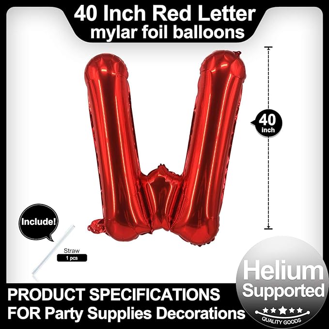 40 Inch Red Letter W Balloons, DIY Phrase Foil Alphabet Letter W Balloons DIY Word W Banner for Birthday Anniversary Celebration Graduation Party Supplies Decoration