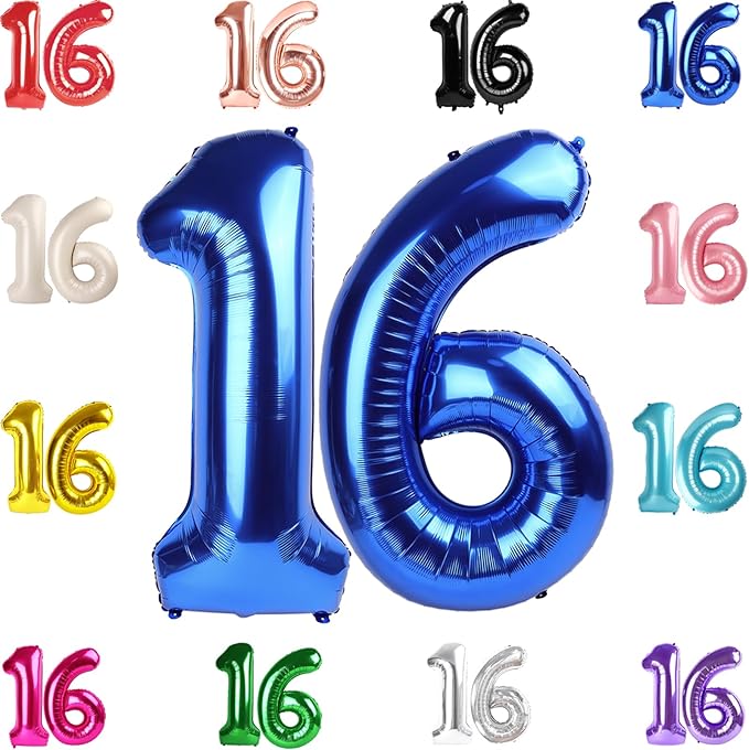 16 Balloon Number, Metallic Blue Number 16th Birthday Balloons 40 Inch, Sweet 16 Years Old Metallic Blue Birthday Decorations for Boys Girls, 16th Anniversary Decorations
