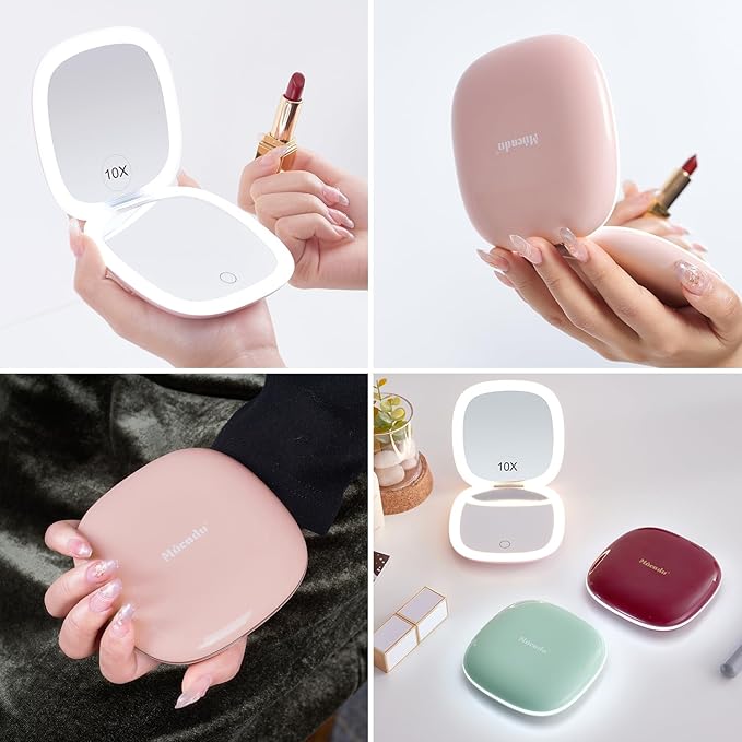 Mocado Compact LED Travel Makeup Mirror - 4 Inches 1X/10X Magnification Travel Mirror with Light Dimmable Double Sides Lighted USB Rechargeable Compact Mirror for Purse,Pocket,Travel(Pink)