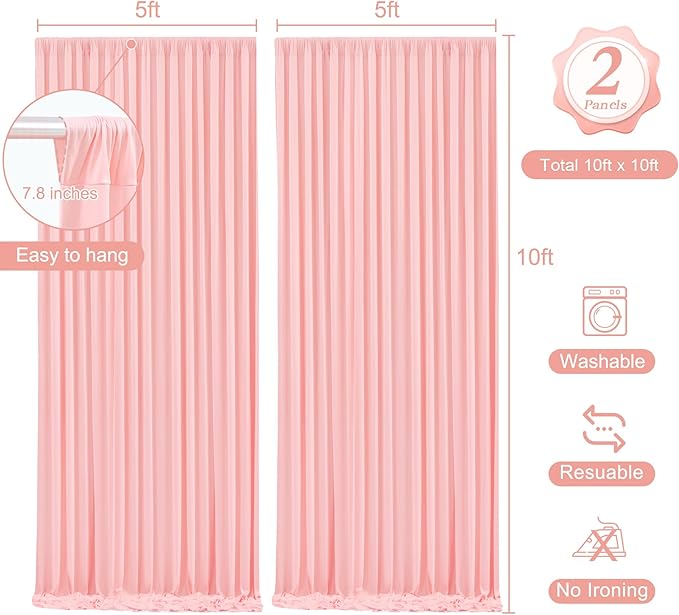 10 x 10ft Dusty Pink Backdrop Curtains with Lights String for Girls Party Photo Backdrop Drapes Wrinkle Free Polyester Curtains Backdrop for Birthday Wedding Reception Baby Shower Ceremony-5 x 10ft 2P