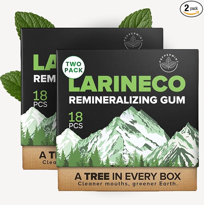 Larineco Remineralizing Gum with Nano Hydroxyapatite & Xylitol – Sugar-Free Cinnamon Xylitol Gum – Plastic-Free, Dye-Free, Aspartame-Free – Natural Base – 18 Pieces (18 Count (Pack of 2), Peppermint)
