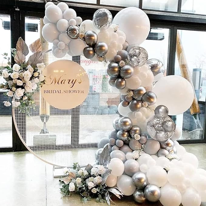153Pcs White and Silver Balloons Garland Arch Kit with Stars - 22 18 12 10 5 inch Different Size White Metallic Silver Confetti Latex Balloon for Birthday Baby Shower Wedding Party Decorations