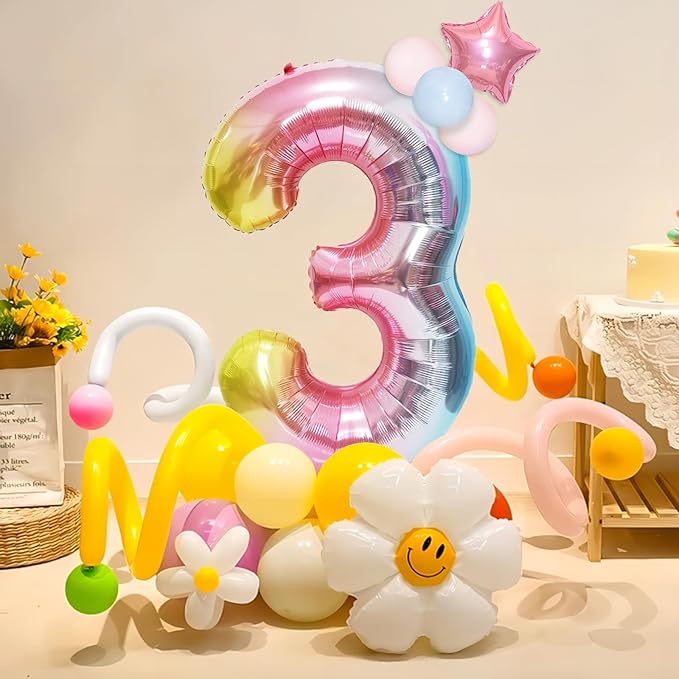 Rainbow Number Balloons Birthday Balloons - Giant Number 3 Balloon 40 inch, Numbers Balloon Birthday Decorations, Rainbow Party Supplies for Baby Shower