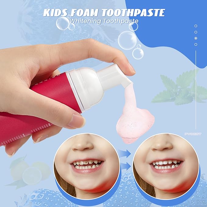 Kids Foam Fluoride Free Toothpaste with 4 Pack Strawberry and Blueberry Flavor,Toddler Natural Teeth Deep Cleaning Toothpaste for U Shaped Toothbrush