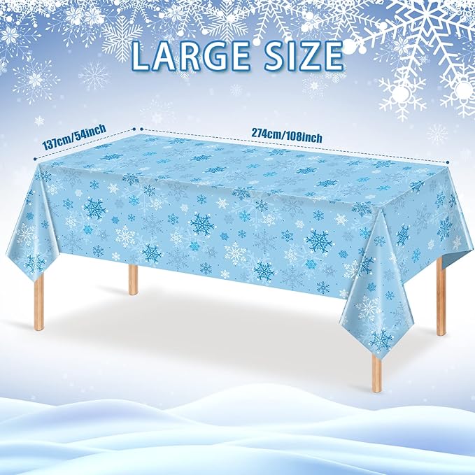 3 Pieces Snowflake Christmas Tablecloth, Plastic Ice Blue and White Winter Wonderland Table Cover for Holidays, 54x108 inch
