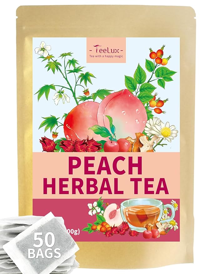 TeeLux Peach Herbal Tea Bags, Fruity Rosehips with Tart Hibiscus & Soothing Chamomile, Fruity & Sweet Flavor, Caffeine Free, 50 Count