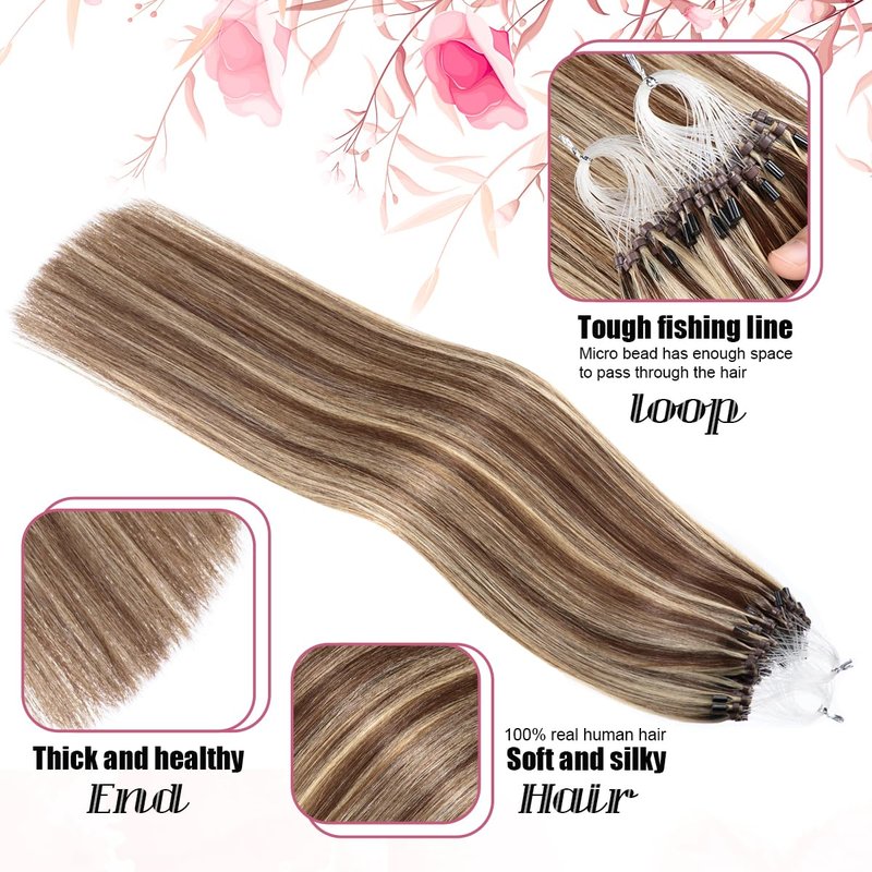 Kpvxxve Micro Beads Hair Extensions Real Human Hair Brown with Bleach Blonde Micro Link Human Hair Extensions 14 Inch #4/613 Micro Loop Hair Extension 50g 1g/s