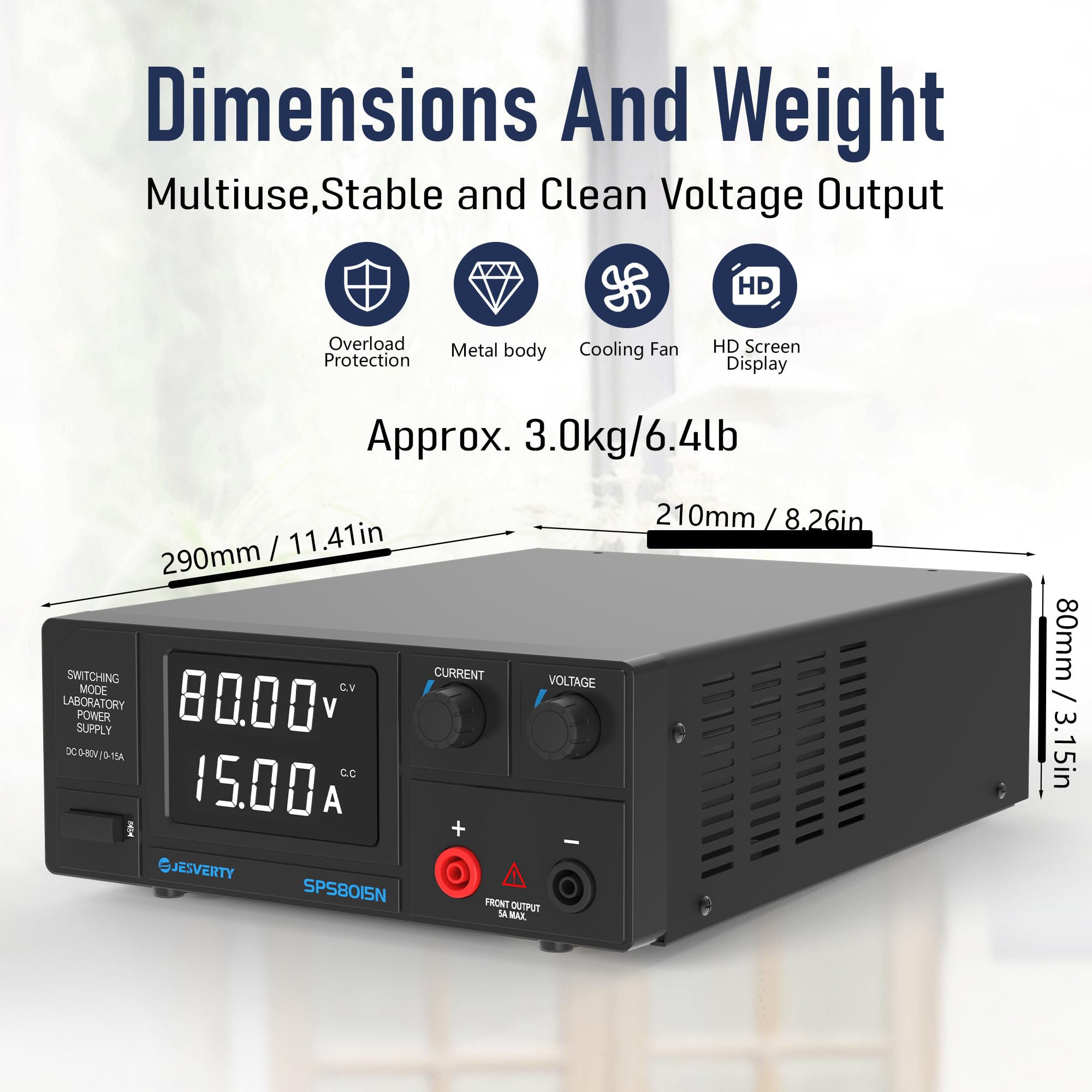Jesverty DC Power Supply Variable, 0-80V 0-15A 1200W Switching DC Regulated Bench Power Supply with Encoder Knobs, 4-Digit LED Display, Temperature Controlled Fan, Aux Output Terminal - SPS-8015N