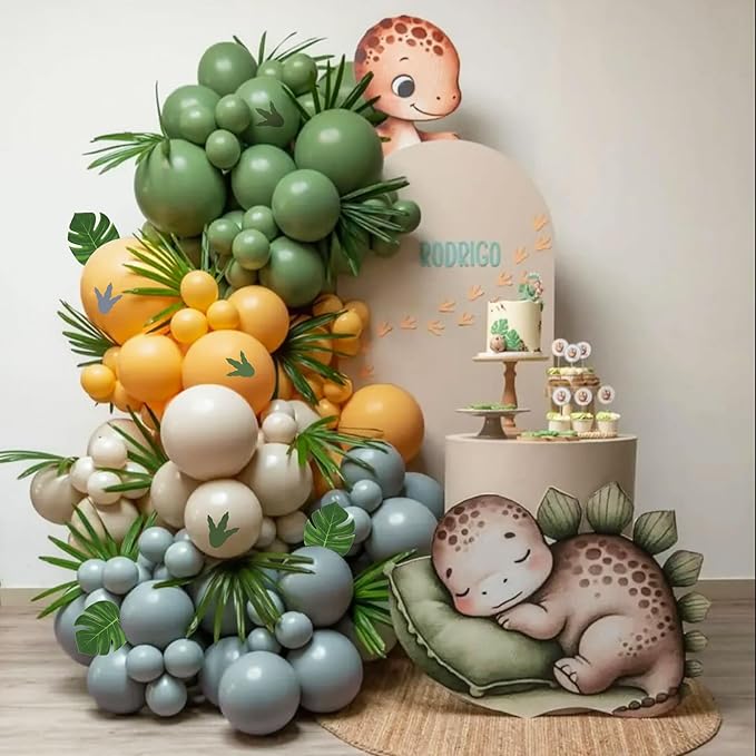 Dinosaur Balloon Arch Kit, 144pcs Dusty Blue, Sage Green & Yellow Latex Balloons with Footprint Stickers, Monstera Leaves for Boy's Three Rex Birthday, Baby Shower