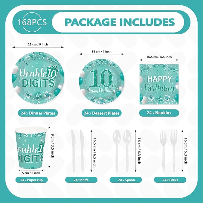 168Pcs 10th Teal and Silver Birthday Party Decorations Double Digits Theme Plates and Napkins Cups Forks Tableware Sets for Boys Girls Green Silver 10 Years Old Birthday Party Supplies Serves 24