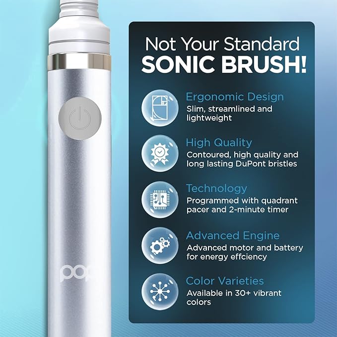 Pop Sonic Electric Toothbrush (Metallic Silver) - Travel Toothbrushes w/AAA Battery | Kids Electric Toothbrushes with 2 Speed & 15,000-30,000 Strokes/Minute, Dupont Nylon Bristles