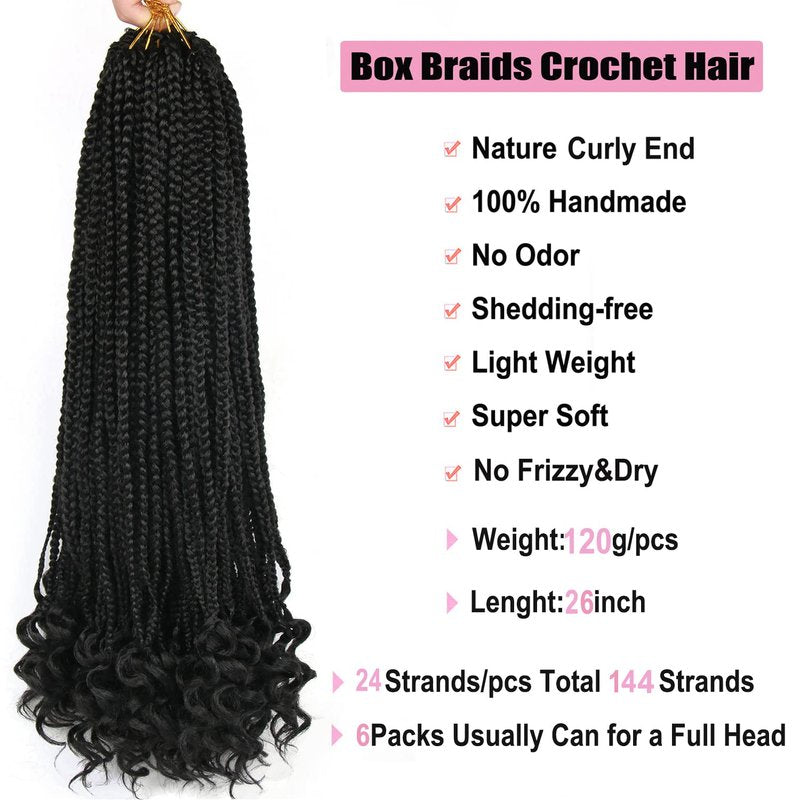 ROSESSEA 6Packs 26 Inch Crochet Braids Box Braids Crochet Hair For Women Black Crochet Braid Hair With Curly Ends Box Crochet Braiding Hair Extensions (26inch, 1B#)