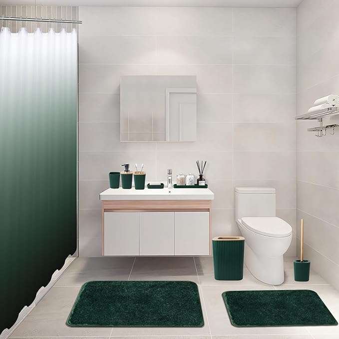 Dark Green Bathroom Accessories Set with Ombre Shower Curtain and Bathroom Rugs,Bathroom Sets with Trash Can,Toothbrush Holder and Cup,Soap Dispenser,Tray,Soap Dish,Toilet Brush,Qtip Holders