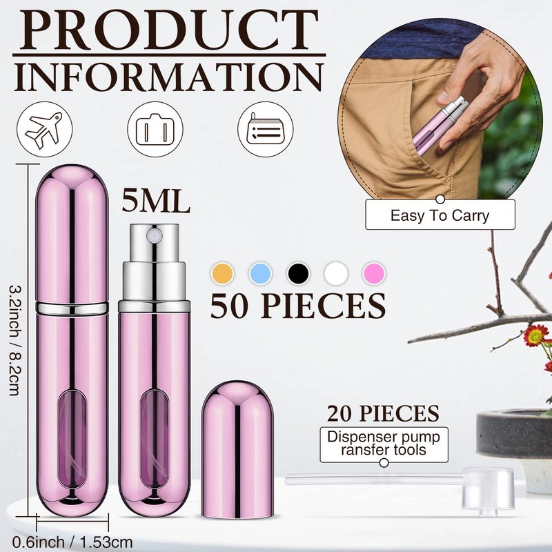 Gerrii 50 Pcs Travel Mini Perfume Refillable Portable Perfume Spray Bottle Perfume Pocket Perfume Dispenser with 20 Pcs Pump Accessories Essentials Spray Containers Scent Pump Case, 5ml (Multicolor)
