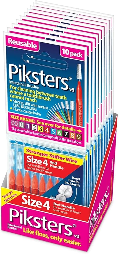 Piksters Interdental Brushes, Size 4, 100 Count (10 x 10 Packs), Interdental Tooth Brush for Medium to Large Gaps, Gum Soft Bristles for Plaque Removal, Safe for Braces (100 pk)