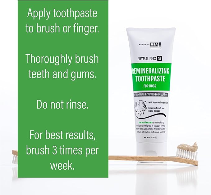 Prymal Pets Remineralizing Dog Toothpaste with Nano-Hydroxyapatite – Bacon Flavor, Fluoride-Free & Safe to Swallow, Veterinarian Reviewed, Made in USA, Fights Plaque & Freshens Breath (4 oz)