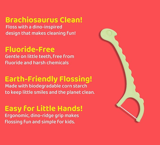 Sea Turtle Kids Dino Floss Picks - Corn Starch Handle - Thin Thread Tooth Dental Flossers - Unflavored (50)