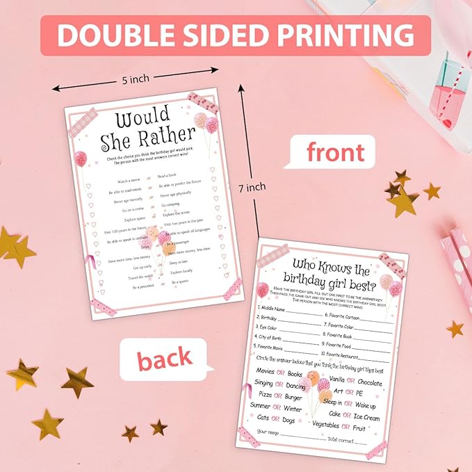 ALodr 20 Pcs Who Knows the Birthday Girl Best, Would She Rather Games for Girl Birthday Party, Funny Birthday Party Games, Double Sided, 5x7 Inches
