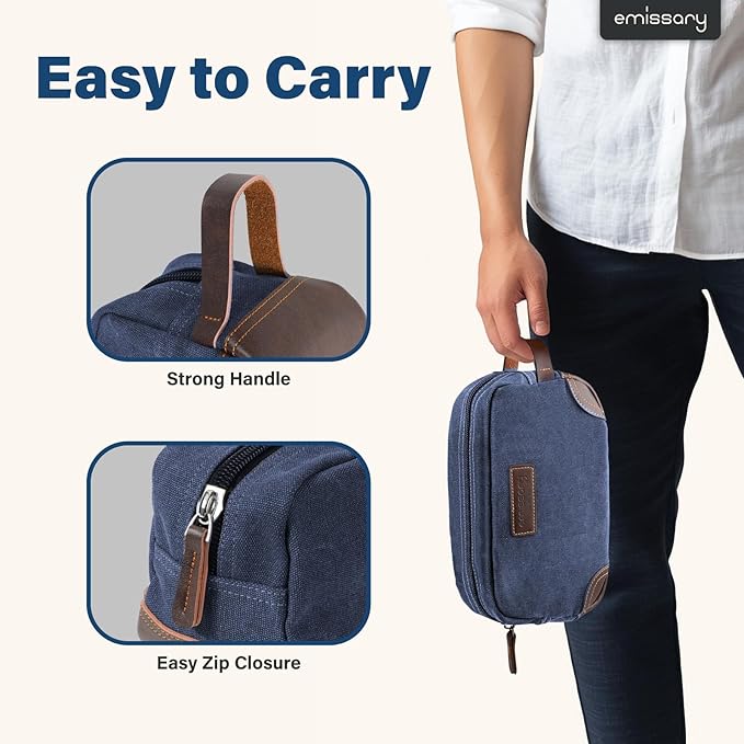 emissary Men's Toiletry Bag, Leather and Canvas Travel Toiletry Bag, Dopp Kit for Men, Travel Bathroom Bag Men's Shaving Kit, Travel Kit Small Bags for Men, Shaving Bag for Travel Accessories (Blue)