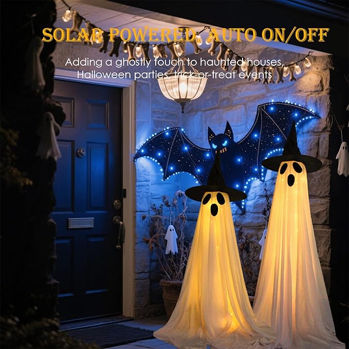 2 Pack Halloween Decorations Outdoor, Solar Light Up Spooky Ghost Decorations, Waterproof Solar Halloween Lights Outdoor Ghost Decor for Yard, Porch, Pathway, Haunted House Party Decor