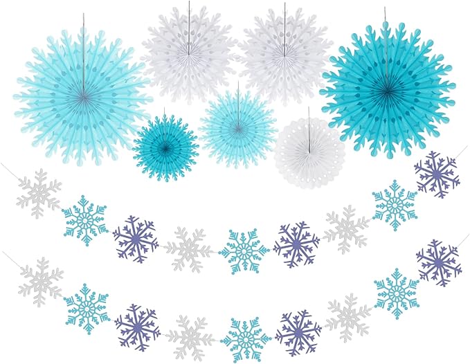 Snowflake-Snow Blue-White Christmas Frozen Party-Decorations - 9pcs Winter Girl Birthday New Year Paper Fan Banner Stareamers, Wonderland Party Supplies Decor Lasting Surprise